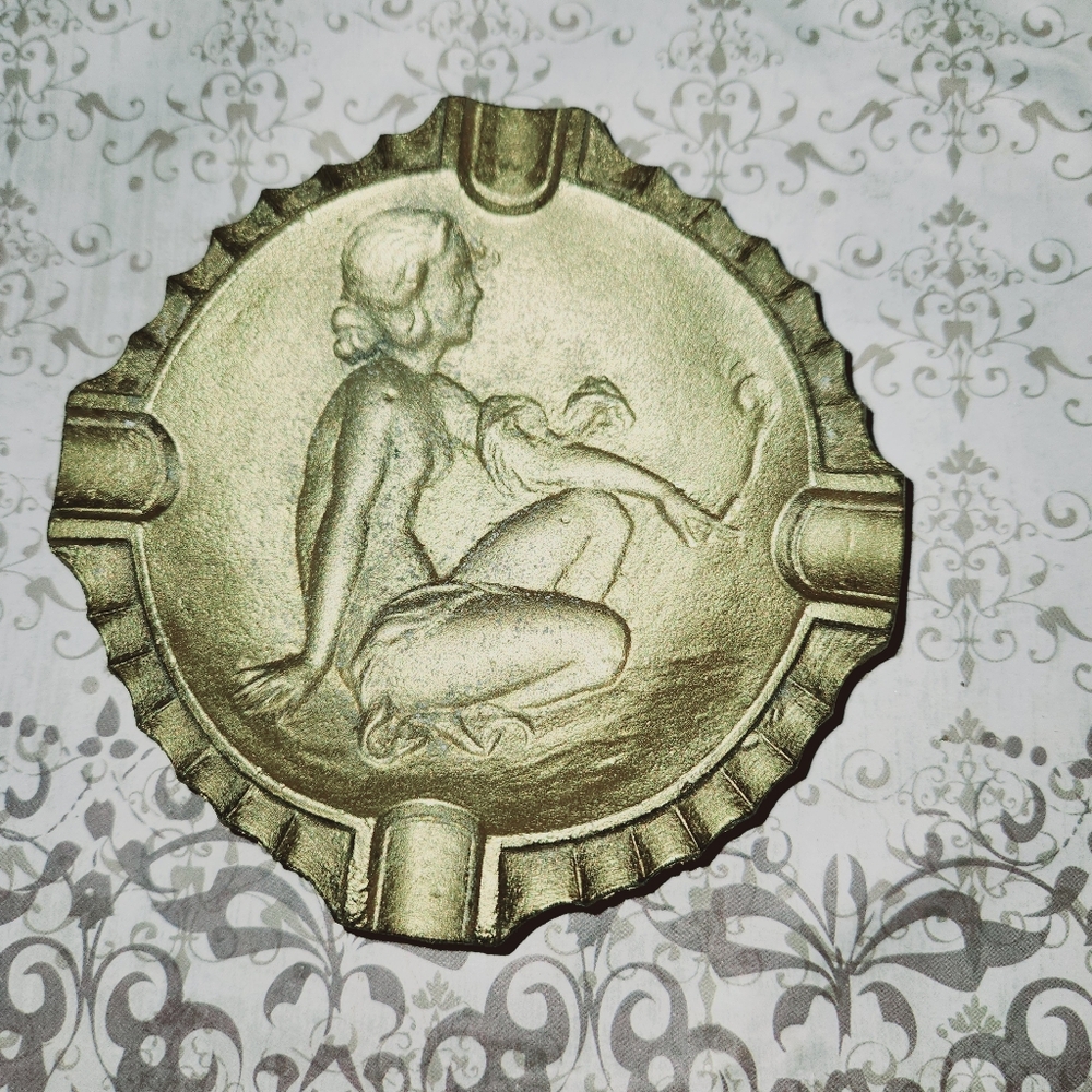 Vintage Art Deco Metal Ashtray Smoking Woman Embossed Image MI Canada